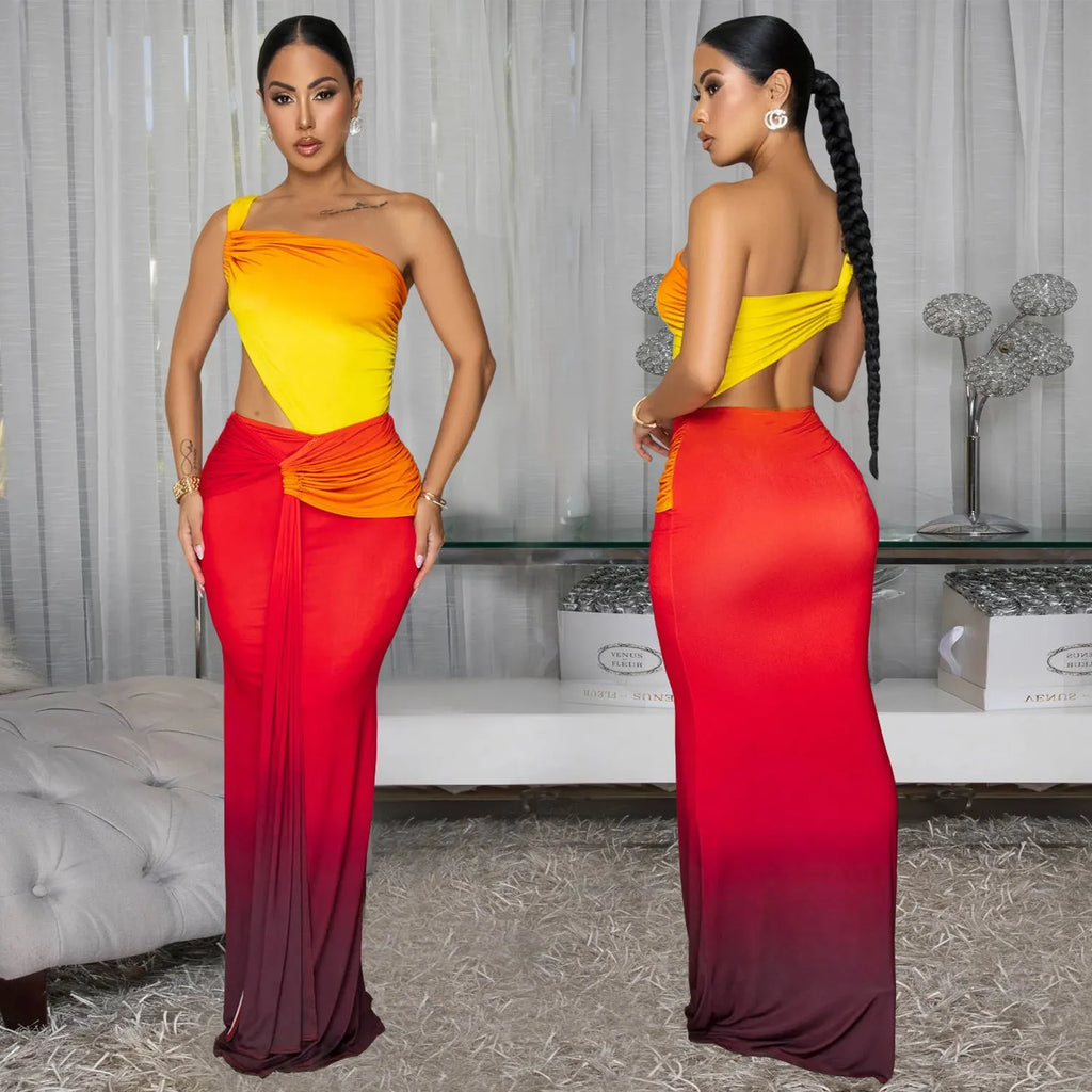 Women's long gradient colour dress with cross-shoulder sleeveless design and a high-waisted one-step skirt.