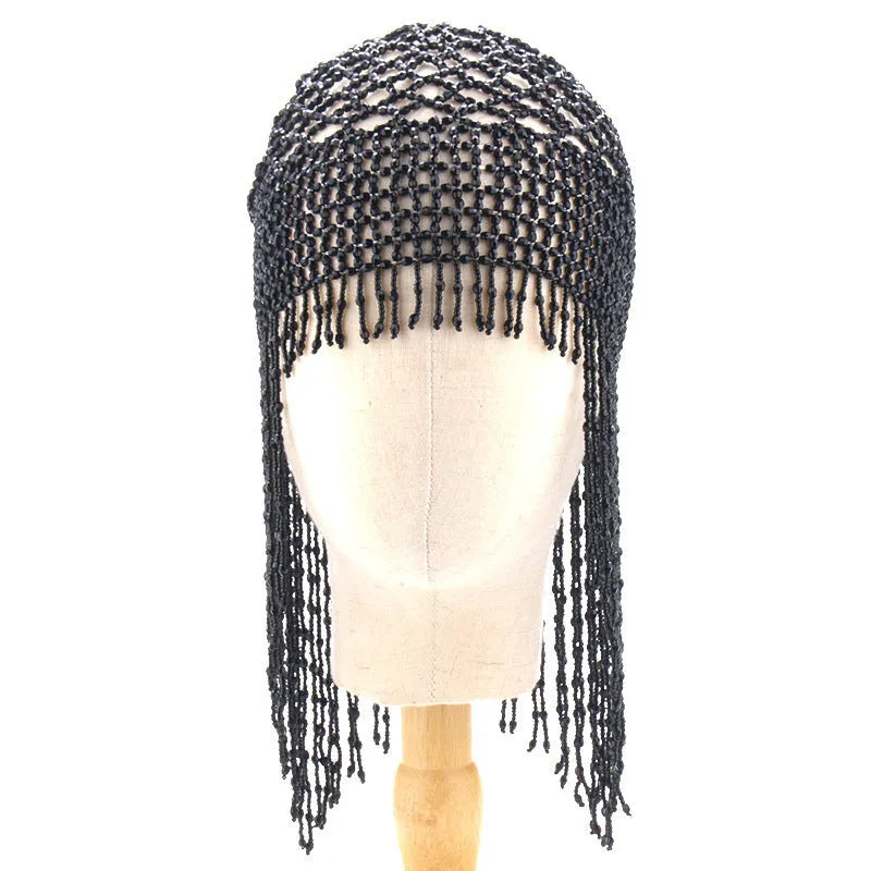 Handmade beaded belly dance headwear with alloy mesh and long tassel in silver.