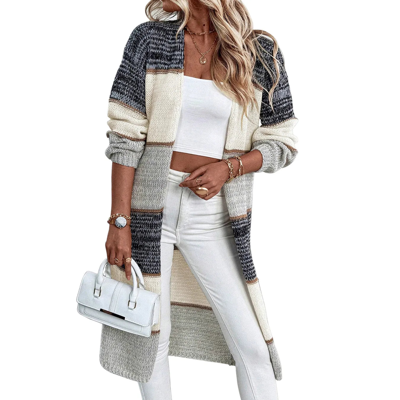 Grey women's knitted cardigan with striped or plaid pattern, loose fit with long sleeves