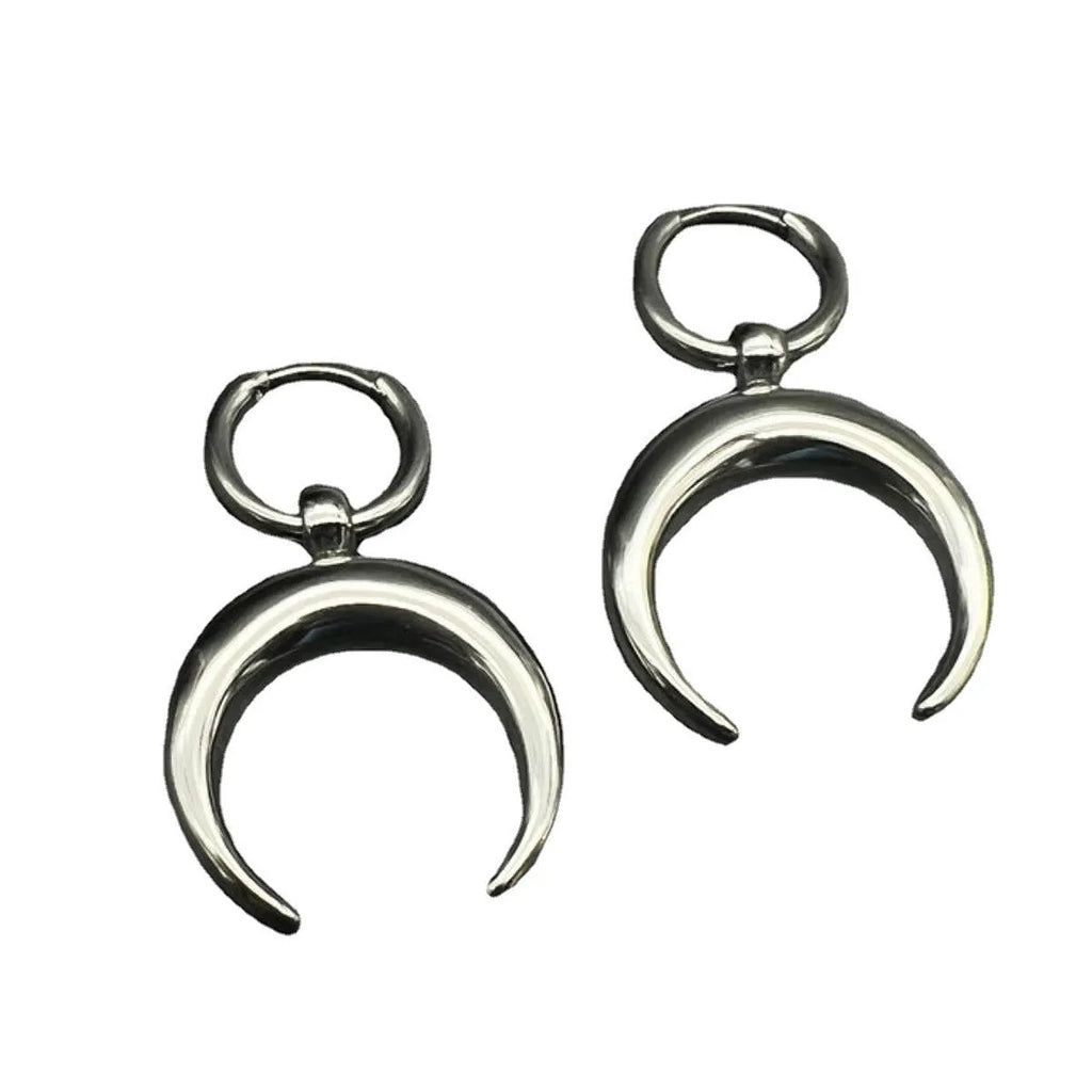 Vintage gothic moon big hoop earrings in silver colour with punk style geometric design