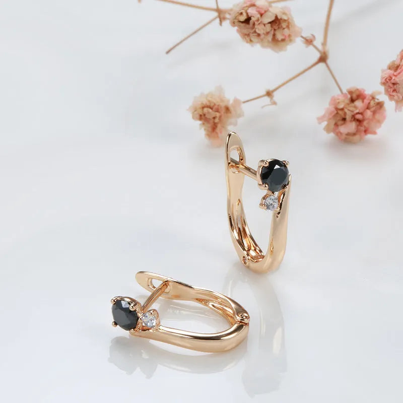Women's black agate drop earrings with geometric gold-plated retro patterning