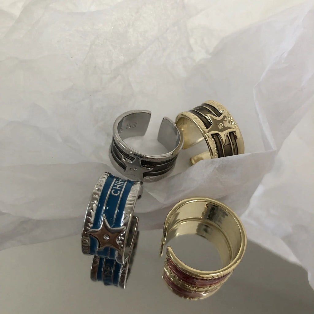 Geometric adjustable drop oil ring in copper with electroplated finish and linear detailing
