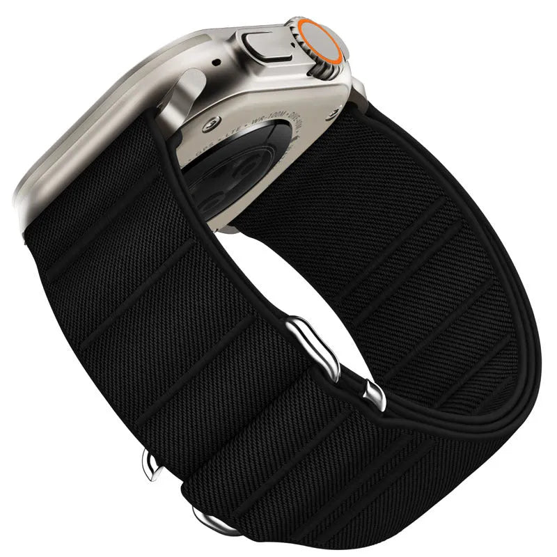 Elastic nylon Apple Watch band with stainless steel buckle in various colour options