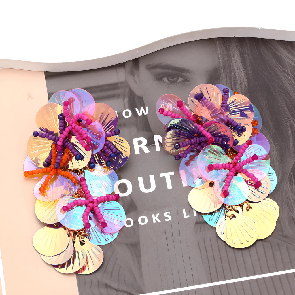 Handmade colourful bead string flower earrings with exaggerated dopamine design