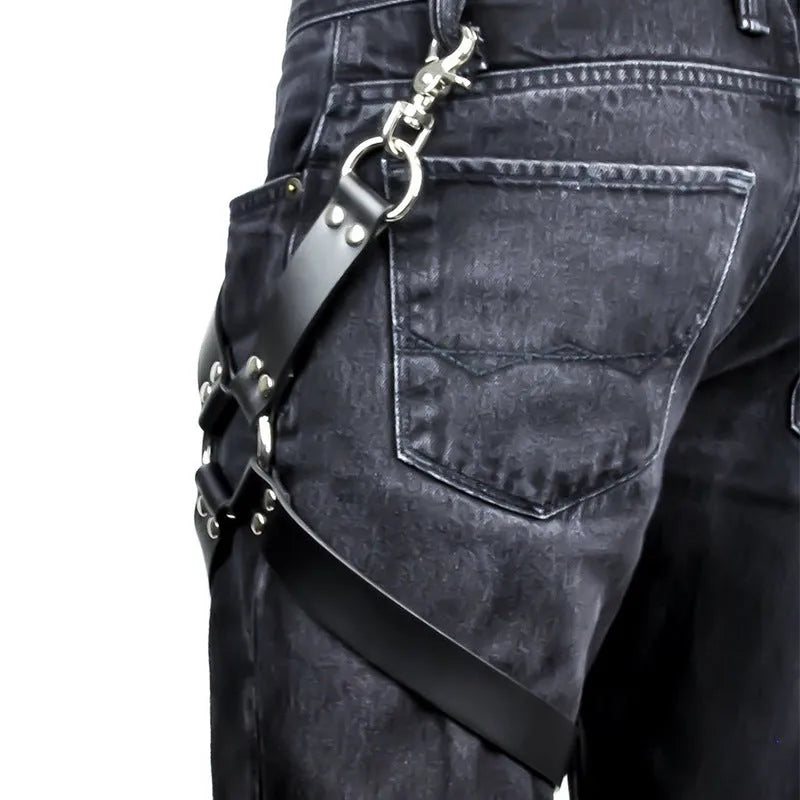 Women's black leggings with PU leather panels showing front and back views