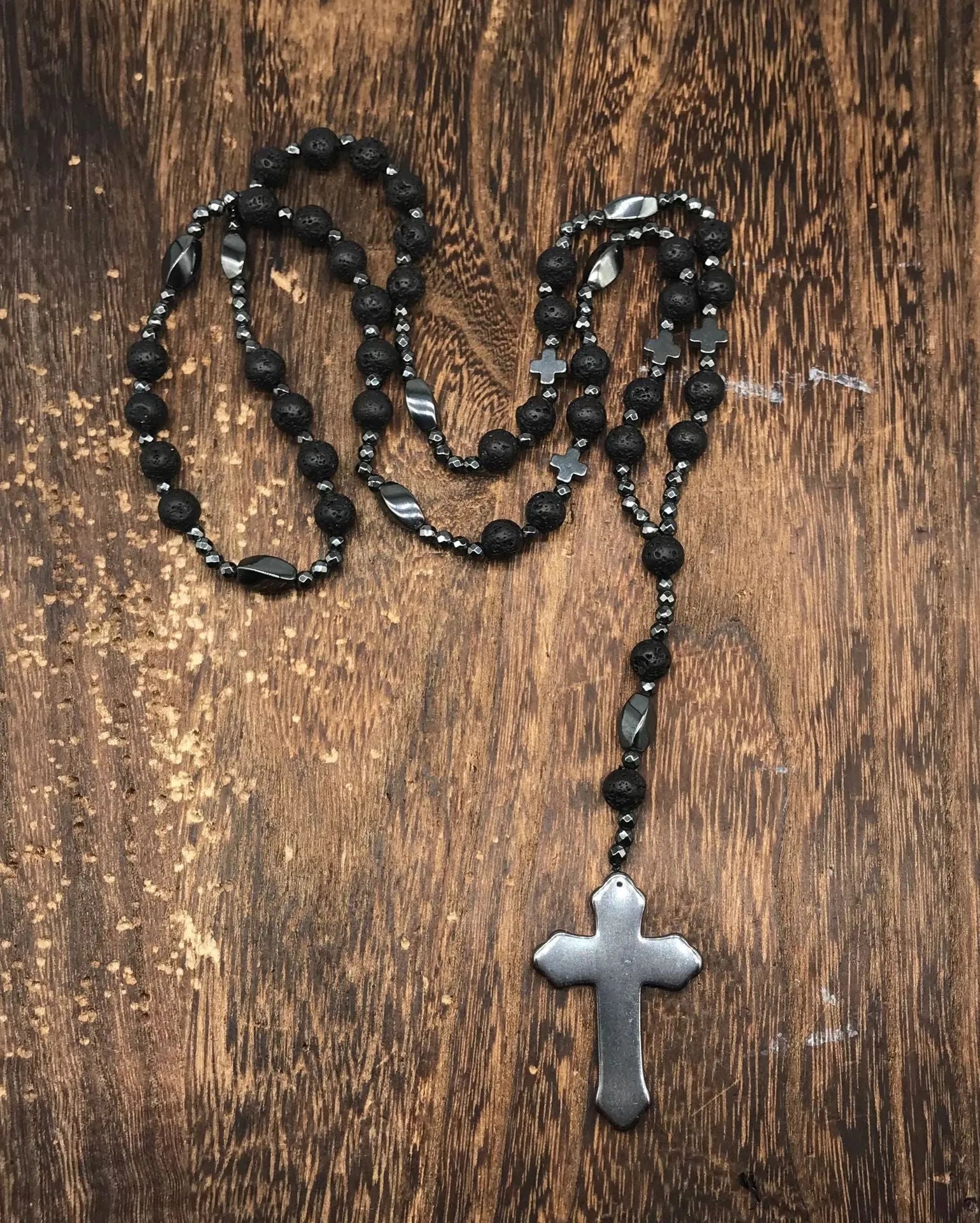 Men's stone geometric cross pendant necklace on an 80cm ball bead chain