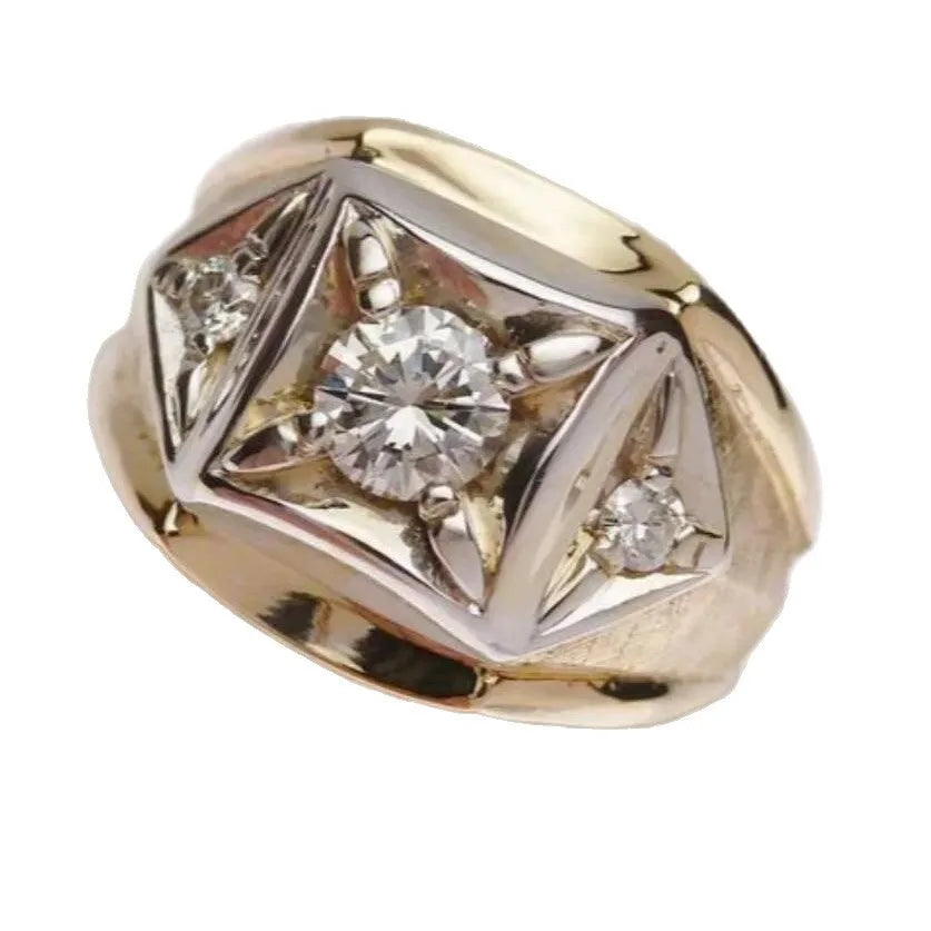 Gold coloured copper couple rings with geometric hollow design and wide face showing chamfered square pattern