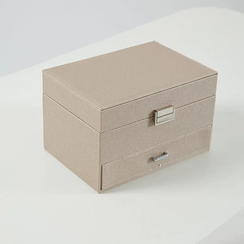 Hard case PU leather jewelry storage box in black, pink, rose gold, or beige