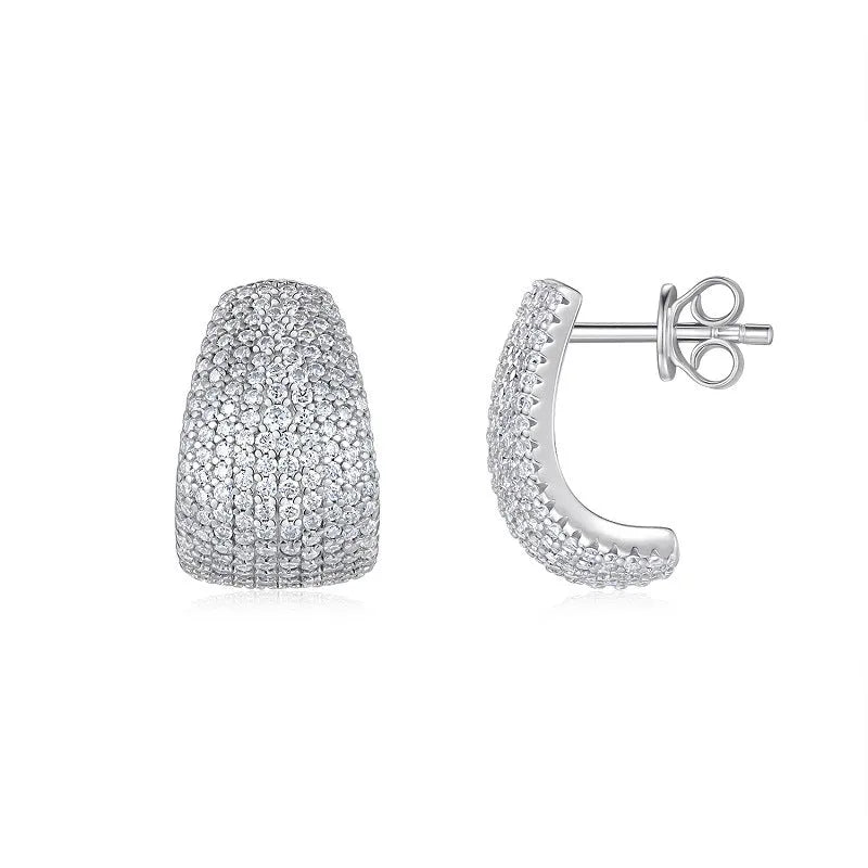 Geometric S925 sterling silver ear studs with moissanite centre on a white background.