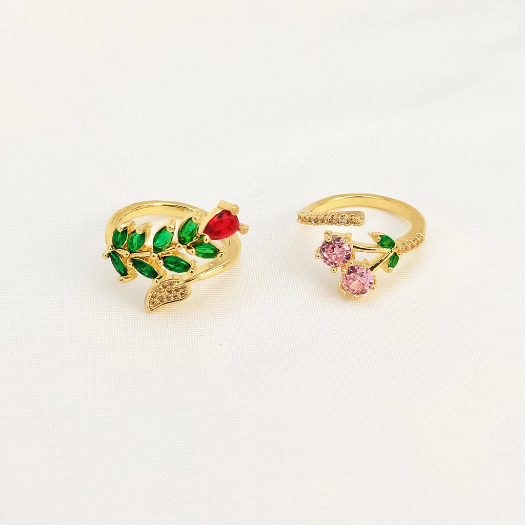 Copper gold plated adjustable ring with micro inlaid leaf design or pink geometric pattern
