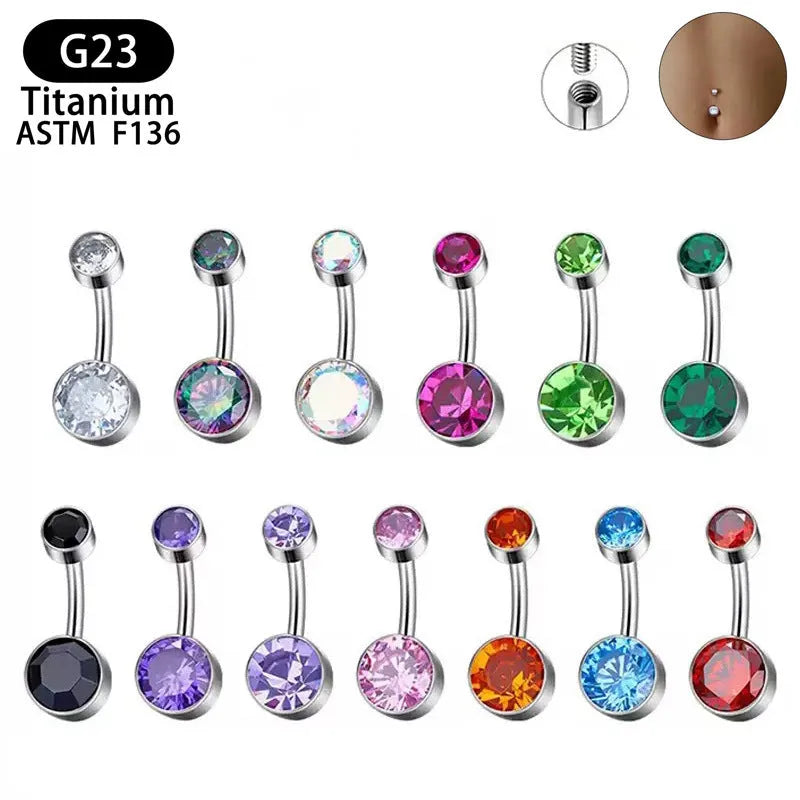 Titanium alloy double-headed zircon navel stud with internal thread closure in multiple sizes