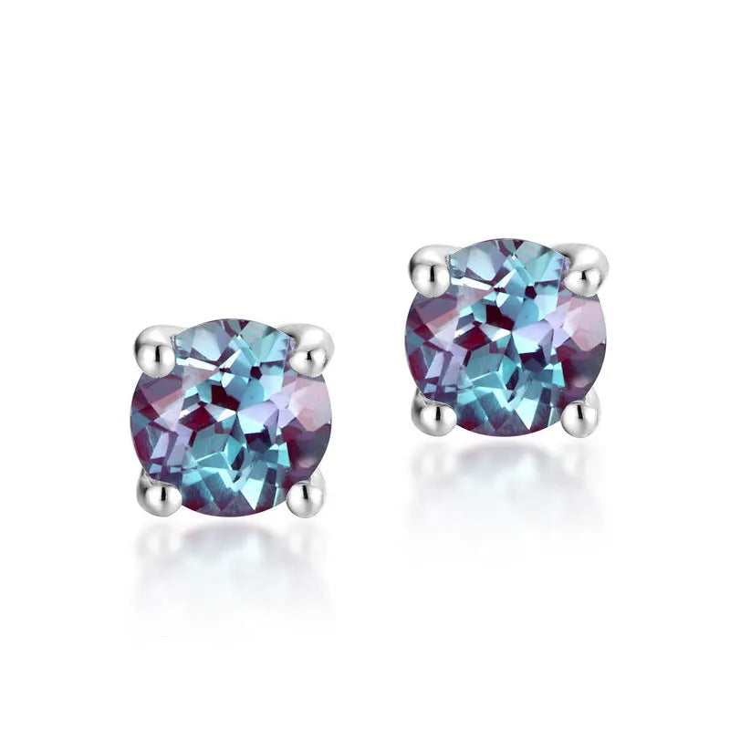 Simple geometric round ear studs with cultivated alexandrite stones in 925 silver setting