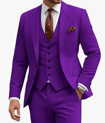 Men's slim fit three-piece suit in a choice of nine colours, shown on a hanger.