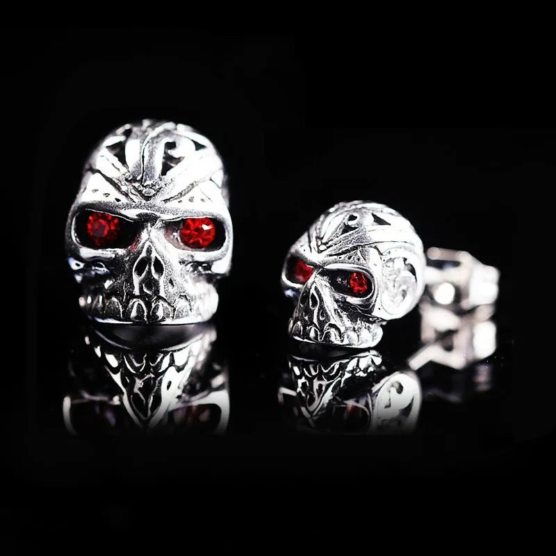 Retro red eye skull stud earrings with alloy construction and electroplated finish
