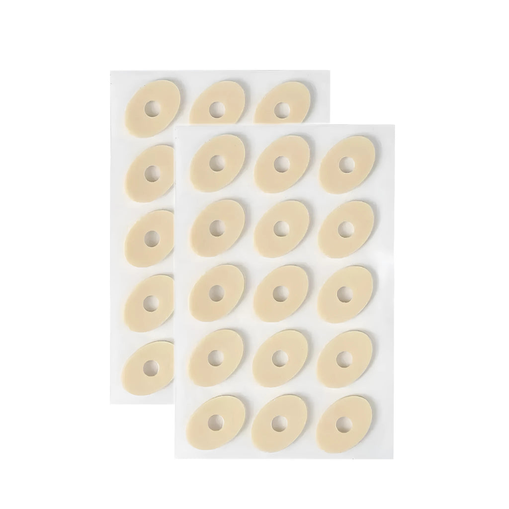 Pack of women's lightweight PU heel corn protector pads showing large oval, small oval, U-shaped, and circular section shapes.