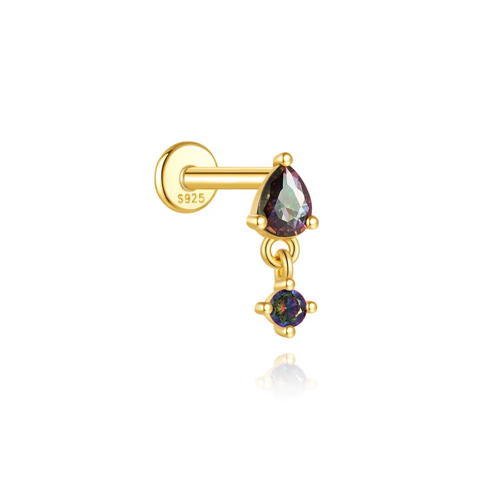 S925 sterling silver flat head thread piercing with a shiny rainbow stone in a gold setting.