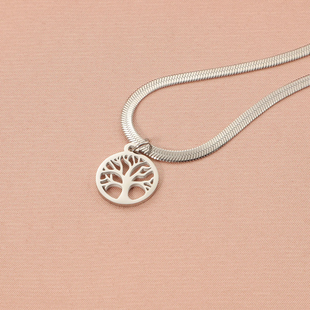 Stainless steel lucky tree pendant necklace on adjustable snake bone chain