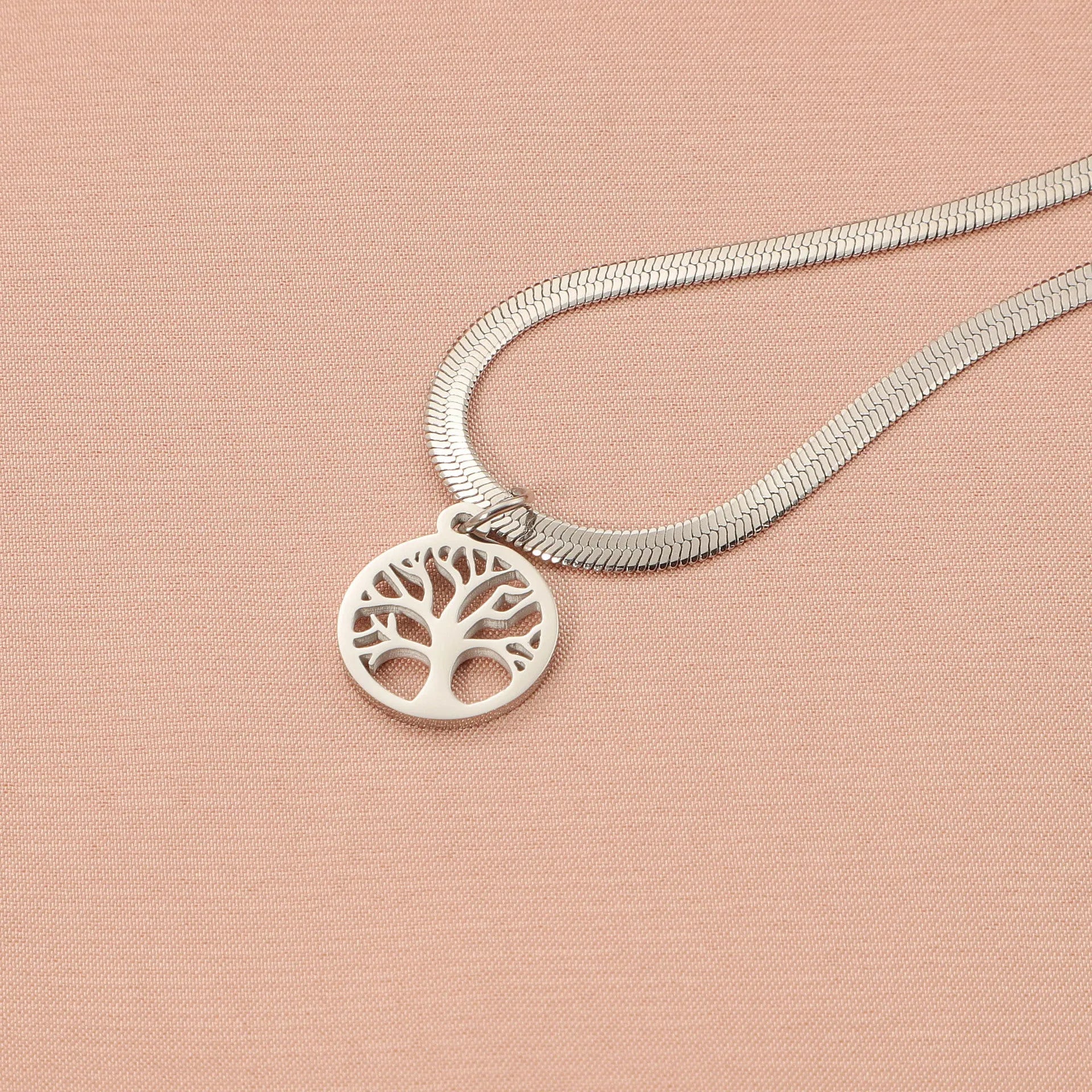 Stainless steel lucky tree pendant necklace on adjustable snake bone chain