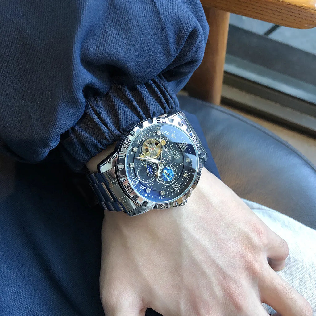 Men's silver case black dial automatic mechanical watch with luminous hands and transparent caseback