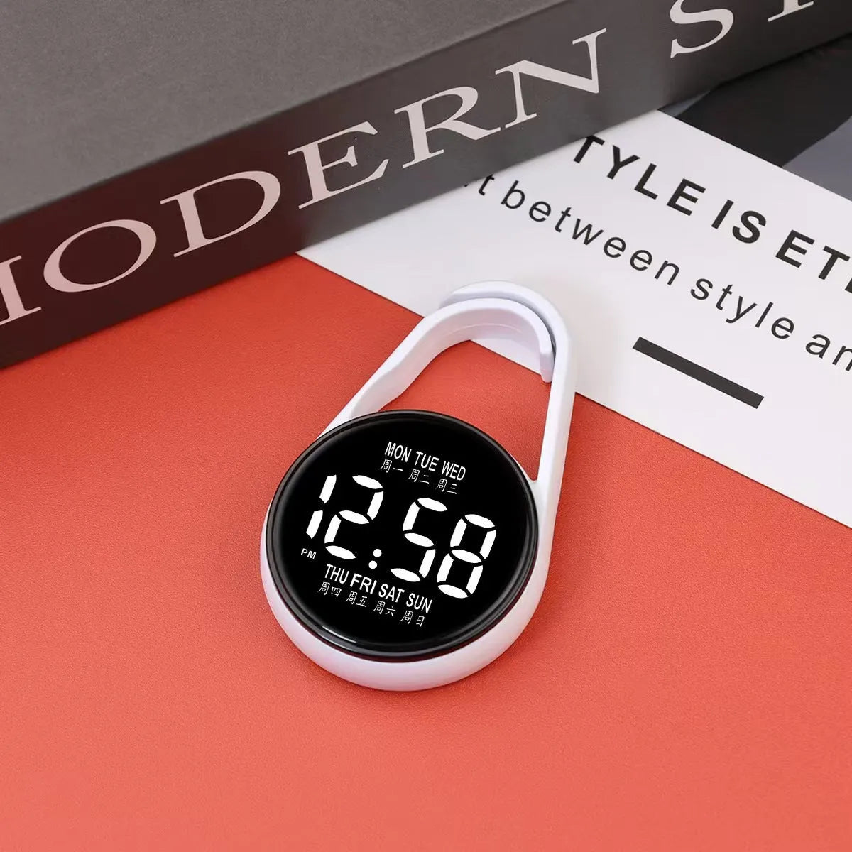 LED electronic watch with digital week display on an adjustable plastic strap, shown in various colours.