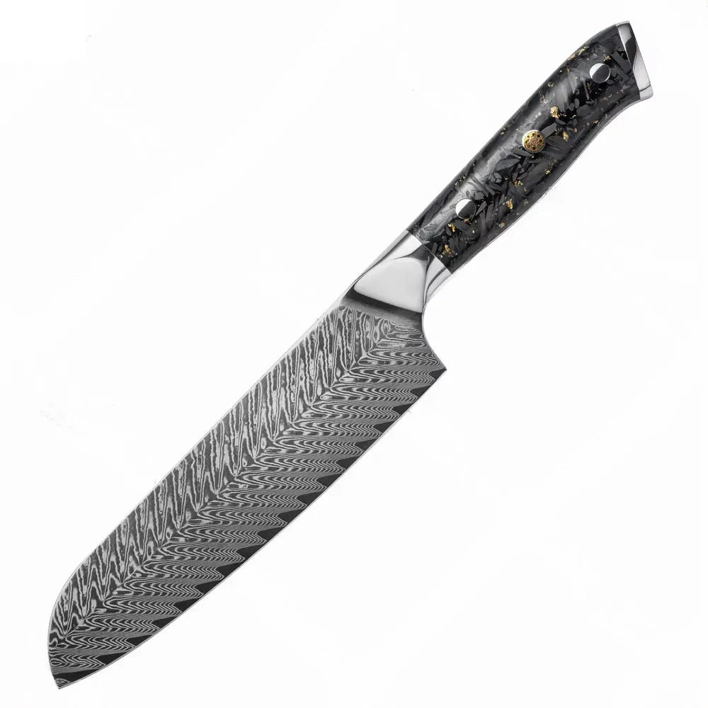 Eight-piece Damascus steel kitchen knife set showing fishbone pattern and different blade sizes