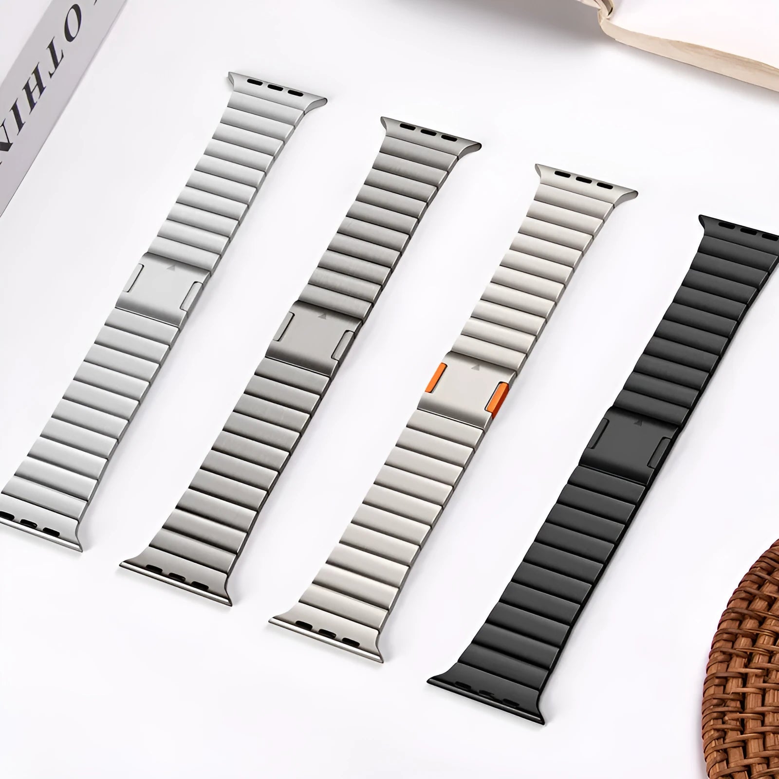 Stainless steel Apple Watch strap with magnetic buckle in silver colour showing business style design
