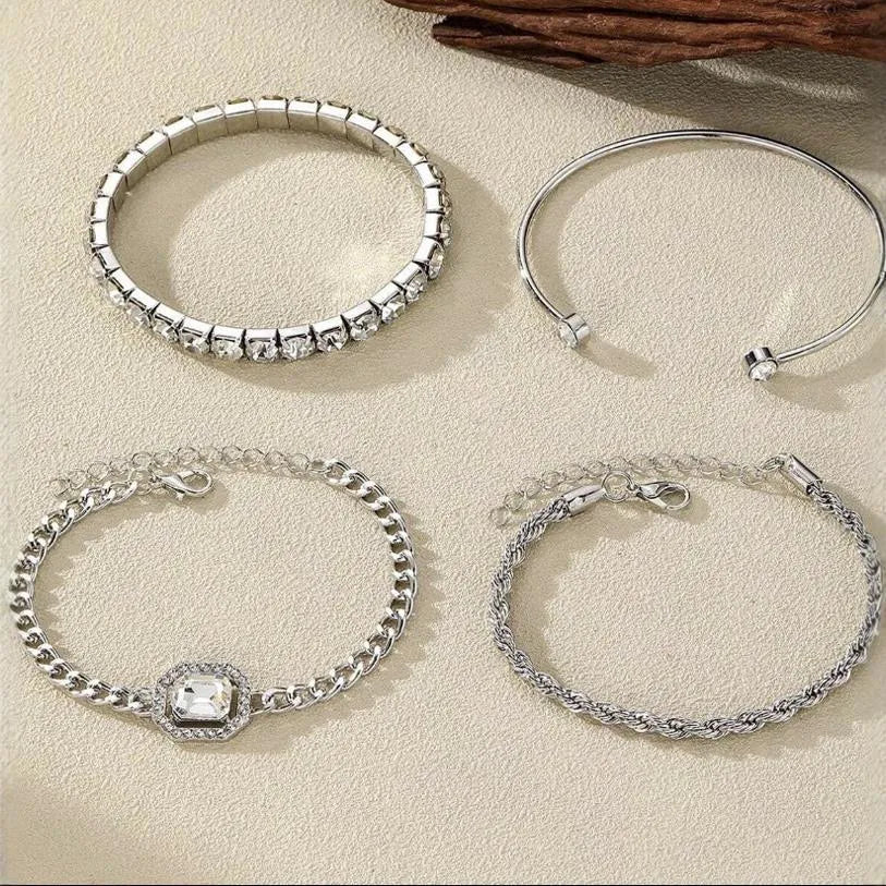 Women's retro geometric alloy jewellery 4-piece set with square diamond designs and chain detailing in gold or silver colour