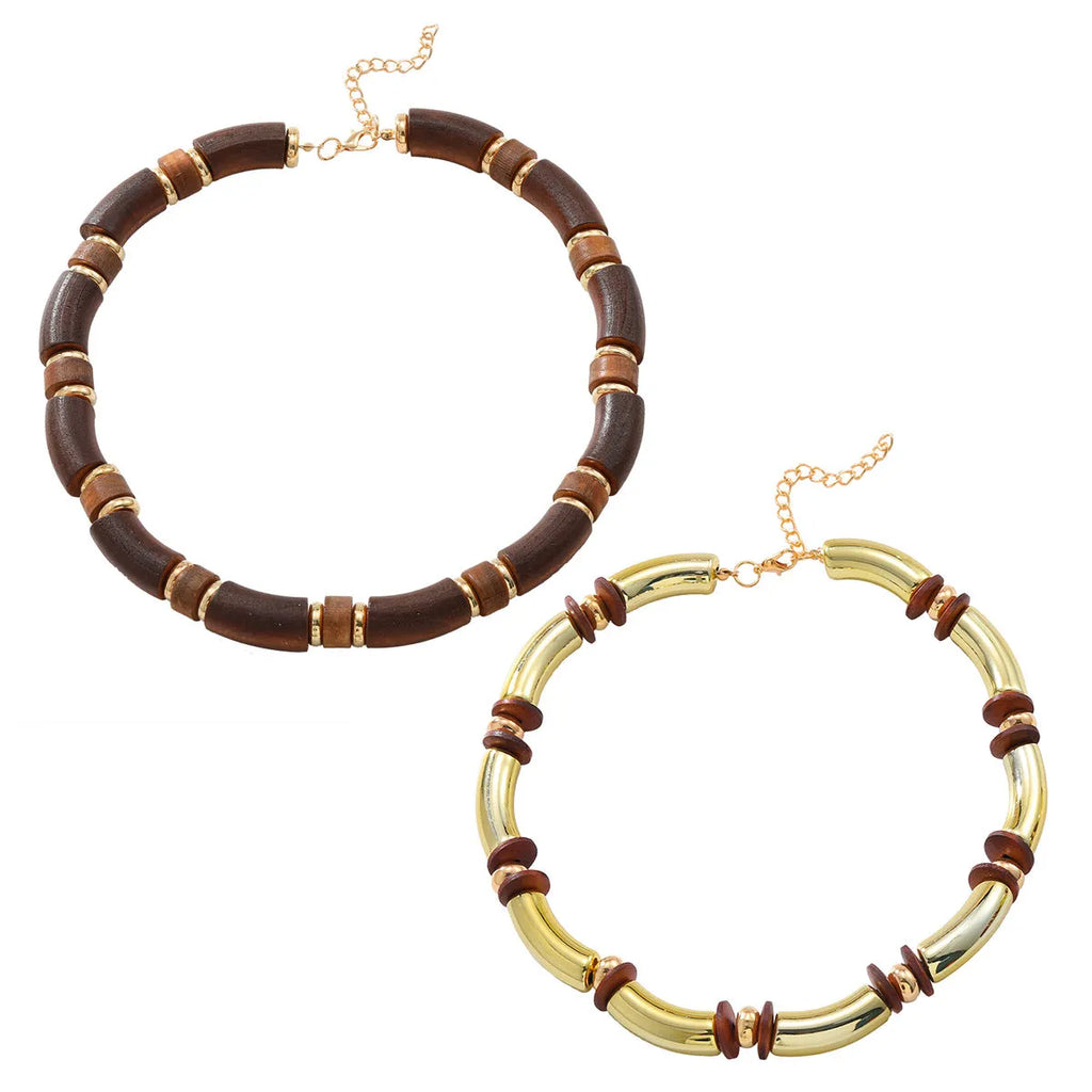 Women's multi-layer wooden necklace and bracelet set with alloy construction and European styling
