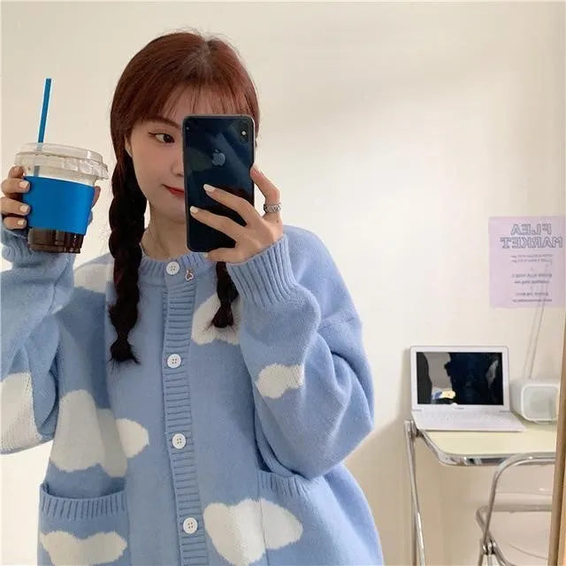 Blue cloud pattern women's spandex cardigan sweater with loose fit and regular sleeves