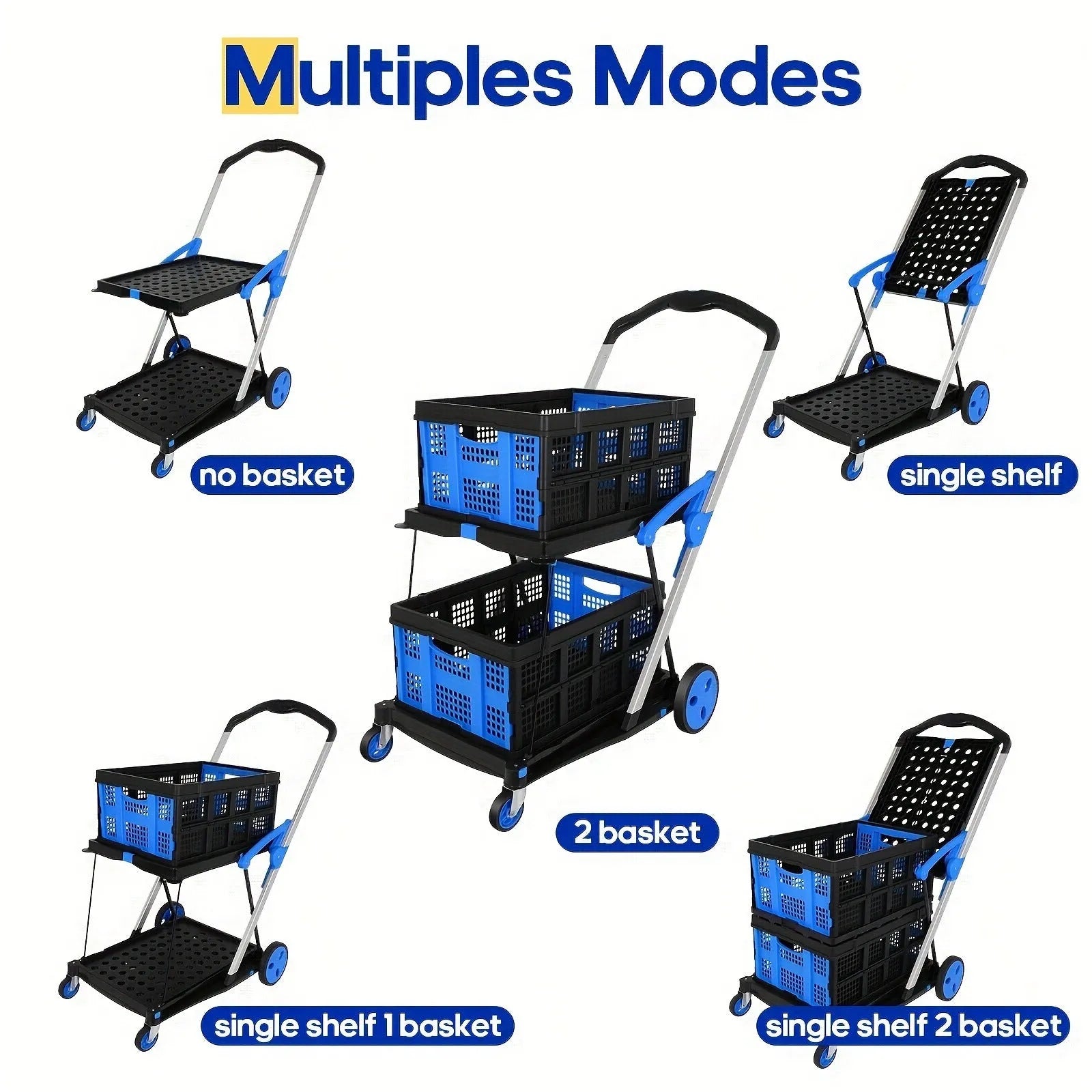 Foldable plastic shopping trolley with double-layer basket shown in blue, purple, pink, and red colour options.