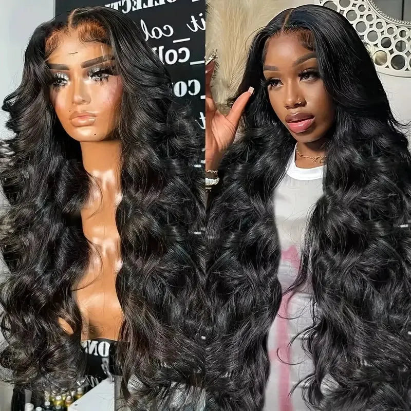 Black synthetic ladies wig with big wave hairstyle and lace front, shown on a mannequin head