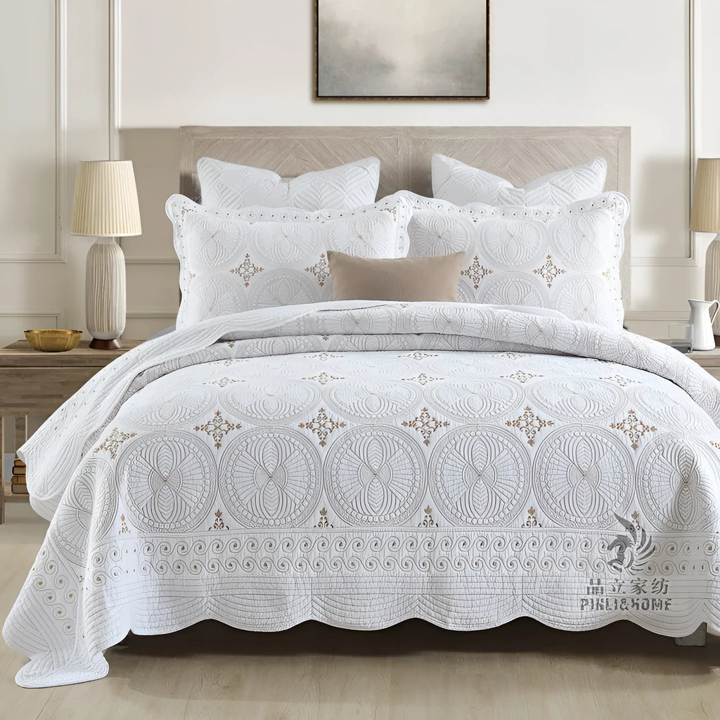 Pure cotton embroidered bed cover three-piece set with pleating details for 1.8 metre beds