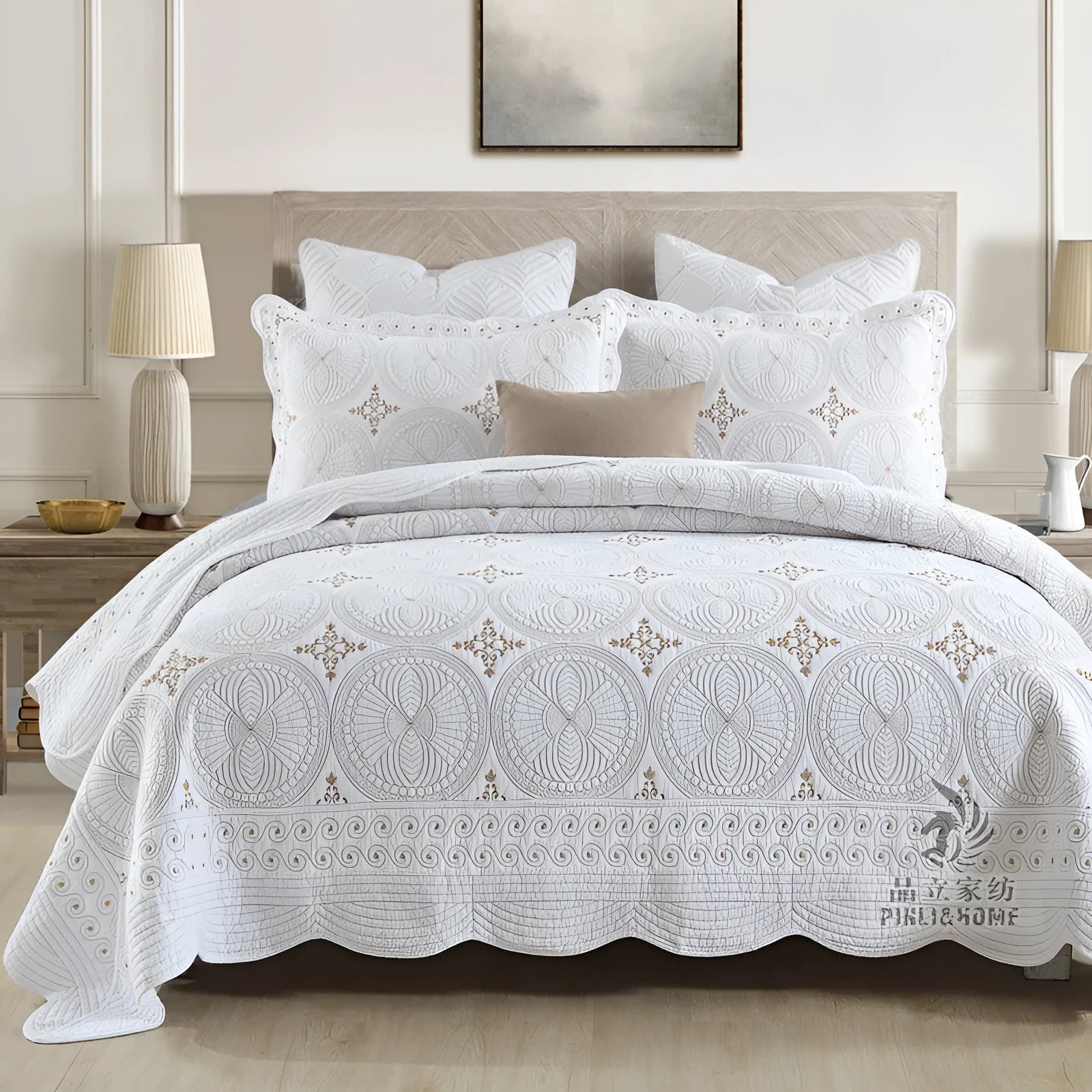 Pure cotton embroidered bed cover three-piece set with pleating details for 1.8 metre beds