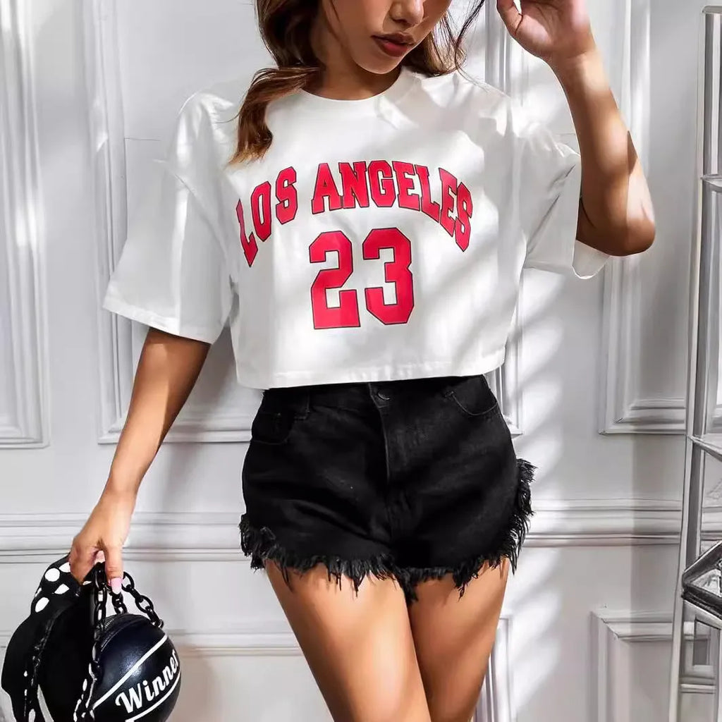 Women's personalised English letters summer t-shirt with exposed navel design in loose cotton fabric