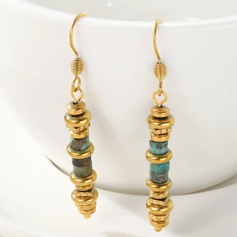 Geometric titanium steel dangle earrings with 18K gold plating and retro styling