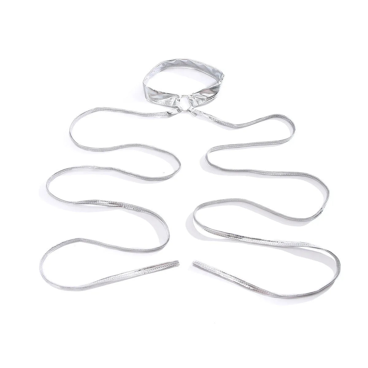 Silver alloy women's thigh chain with long lace-up cross-chain design.