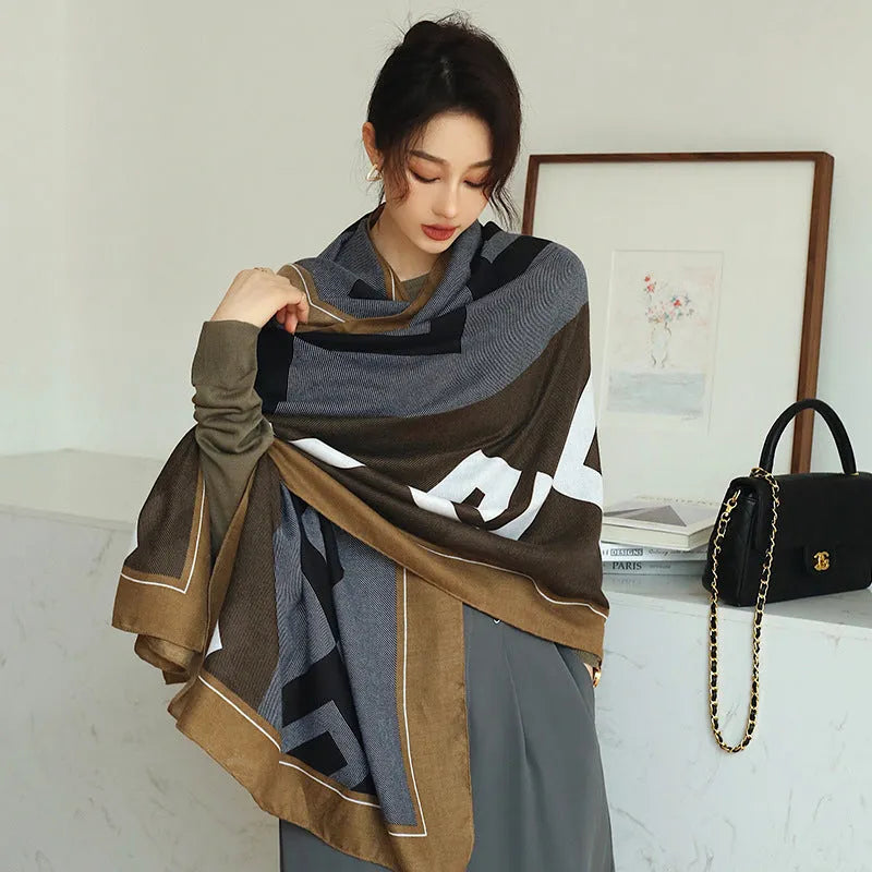 Polyester women's vintage print scarf measuring 180 cm by 90 cm, shown in one of three style options.