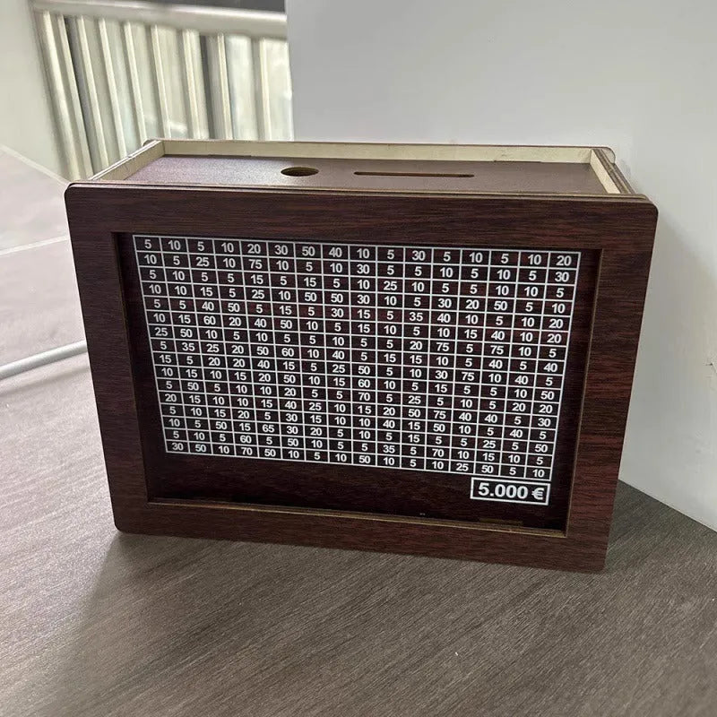 Wooden digital coin bank with a retro design and selectable currency library options including 1000 yuan and cat designs.