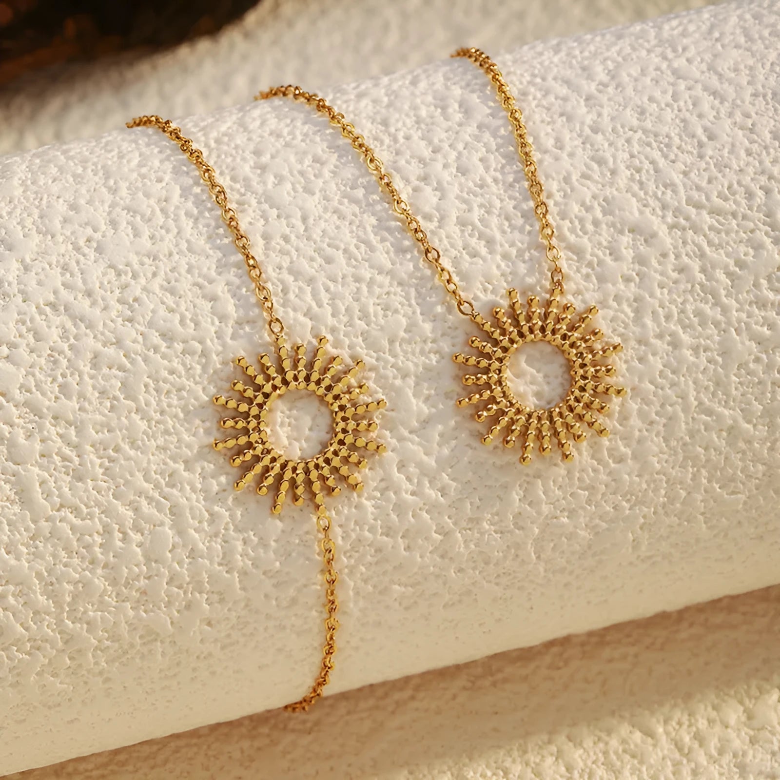 Sunflower Series women's gold-plated geometric chain necklace and bracelet set on a white background.