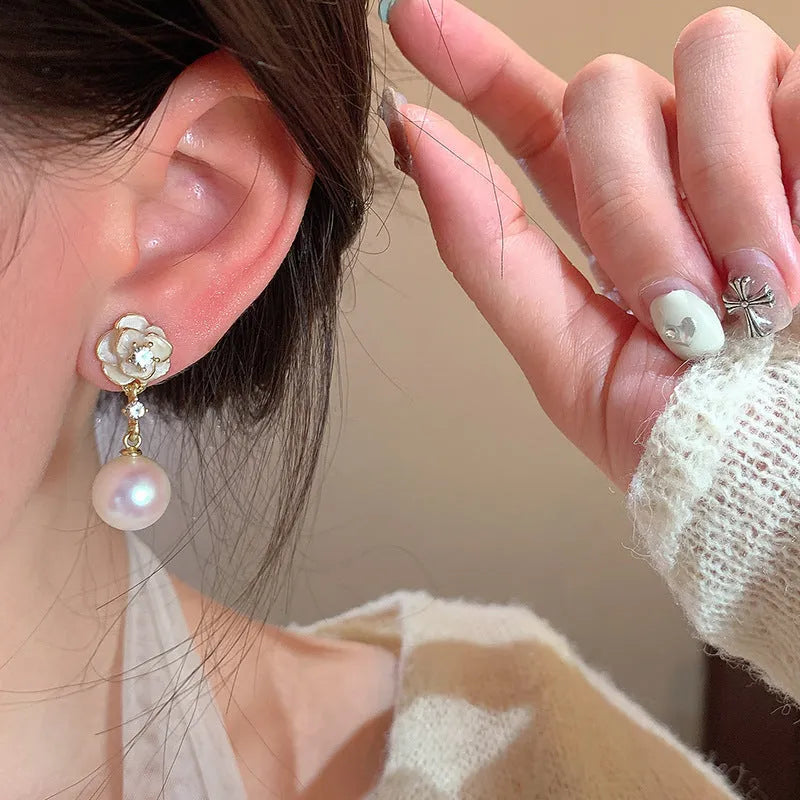Camellia flower stud earrings for women with alloy blossom design