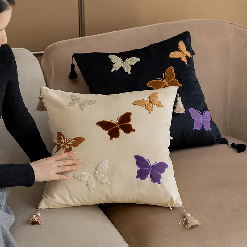 Square beige cushion with black and purple Chinese butterfly embroidery