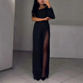 Women's black oblique shoulder jumpsuit with high slit detail and long sleeves