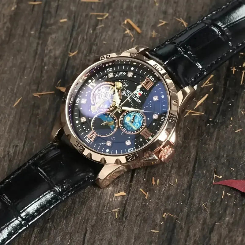 Large dial hollow automatic mechanical watch with rose gold shell black surface and genuine leather strap