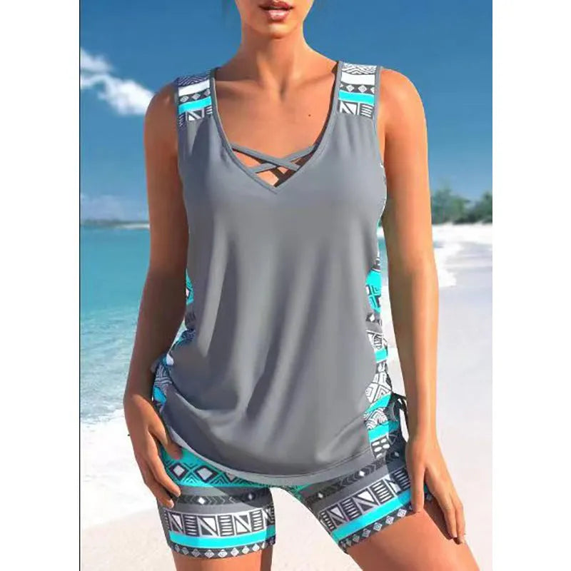 Women's printed lace two-piece swimsuit with floral pattern in blue colour