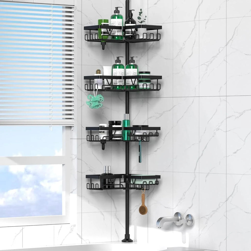 Retractable bathroom storage rack with four tiers and stainless steel construction