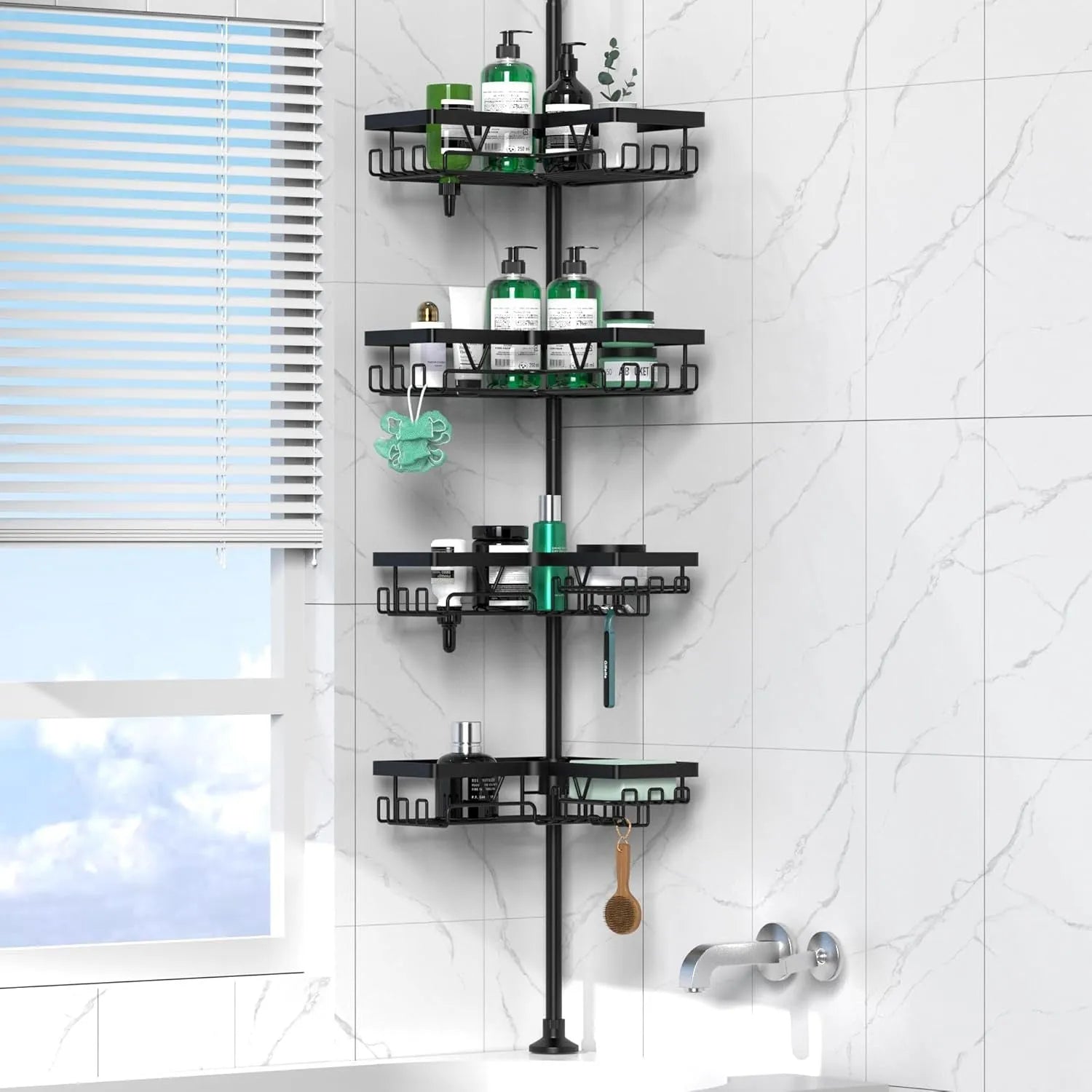 Retractable bathroom storage rack with four tiers and stainless steel construction