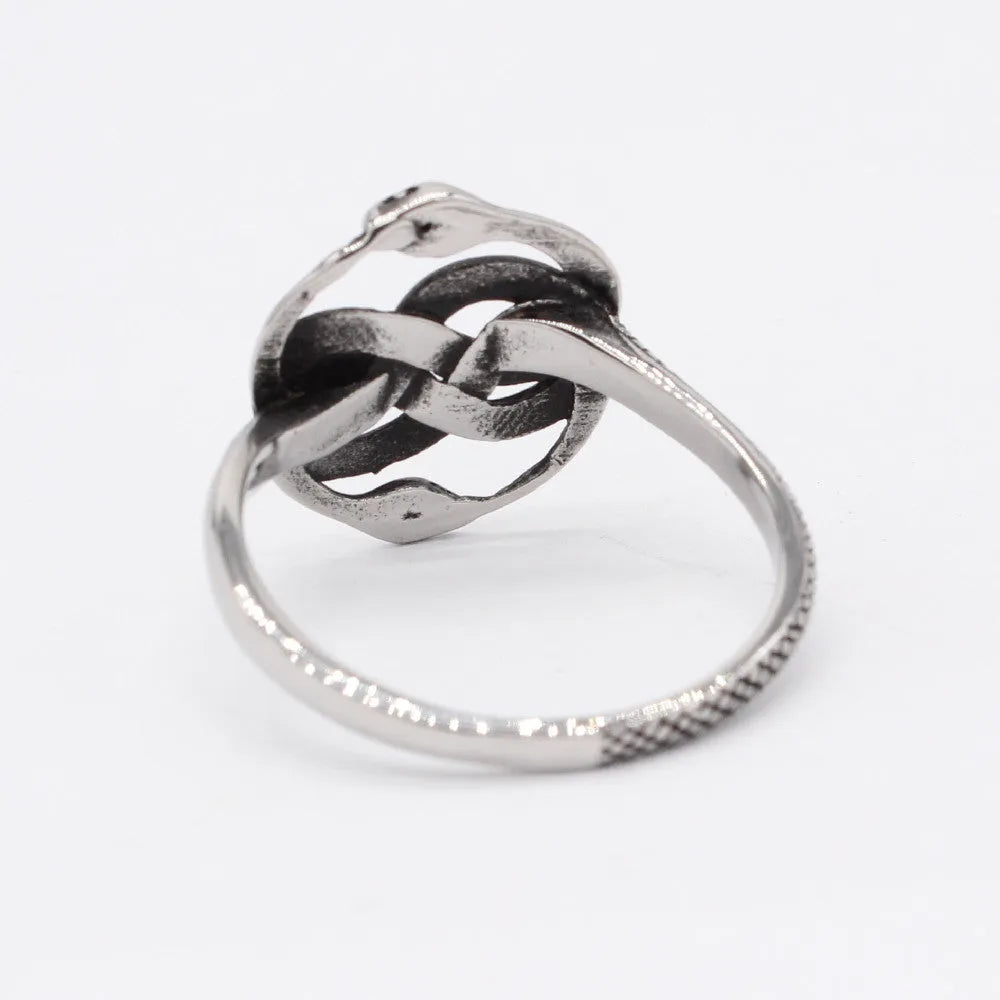 Steel colour titanium steel double snake retro ring on finger showing intricate snake design
