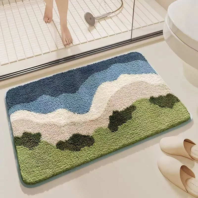 Square rainbow pattern polyester carpet with Sky Sea colours on a dirt-resistant plastic base.