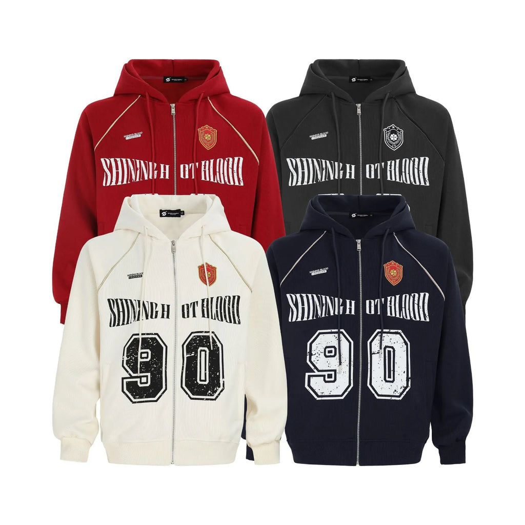 Women's loose casual jacket with American retro style letter embroidery and hood