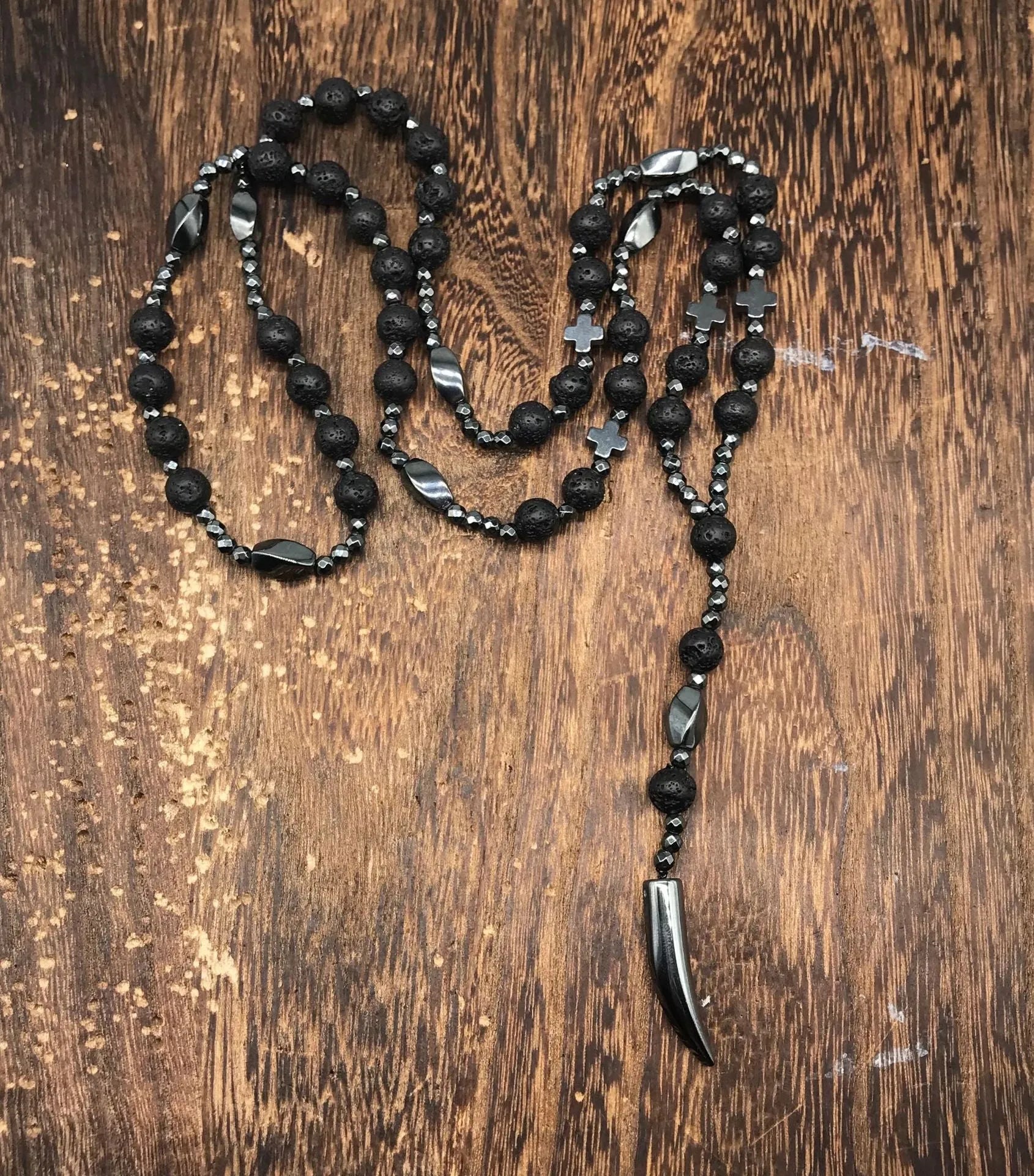 Men's stone geometric cross pendant necklace on an 80cm ball bead chain